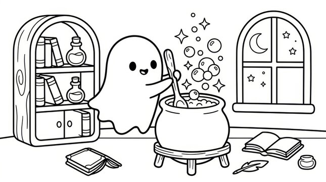 Cute Ghost Brewing Magic Potion Coloring Page for Kids