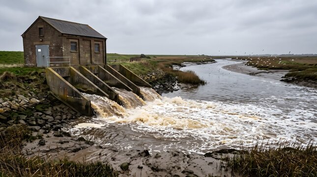 Drainage pumping station discharging brown water through concrete outfall channels into a tidal creek.