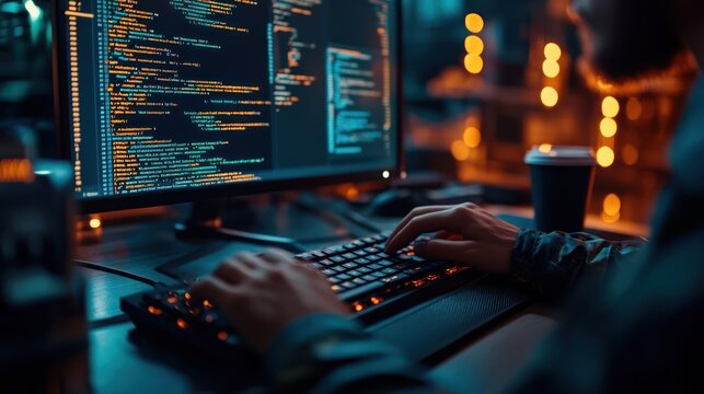 A programmer's hands typing on a keyboard in front of a computer screen with code displayed on it. There is a cup of coffee in the background.