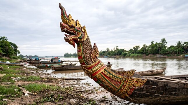 Ornate naga prow of a Khmer racing boat moored on a riverbank during the Bon Om Touk festival.