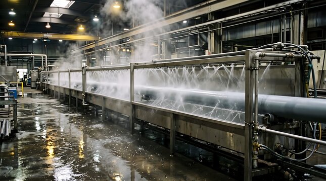 Industrial cooling spray bath cooling a plastic pipe on an extrusion line in a factory.