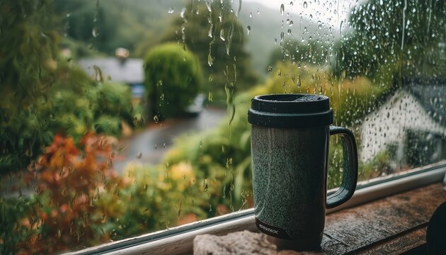 Travel Mug Sitting on a Windowsill On a Rainy Day with Blurred Green Nature Foliage in Background.