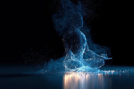 Abstract meditating human figure dissolving into bright glowing particles, representing energy, spirituality, and inner peace