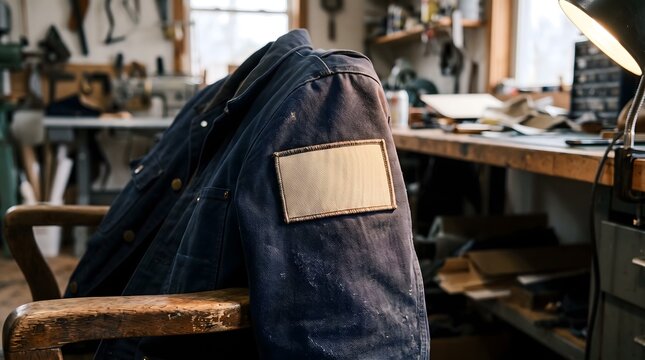 Blank textile patch on the sleeve of a navy cotton workwear jacket in a workshop setting.