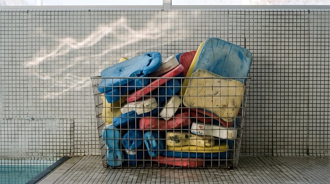 Wire basket filled with colorful foam kickboards and pull buoys at the edge of a public swimming pool.