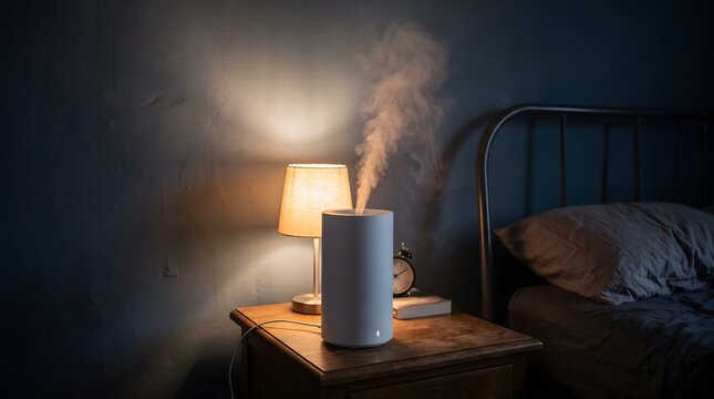 Ultrasonic humidifier emitting cool mist on a wooden bedside table in a dimly lit bedroom.