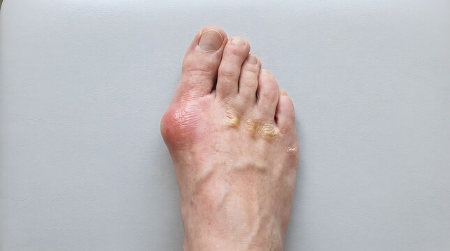 Clinical top view of a human foot with hallux valgus deformity and a prominent bunion.