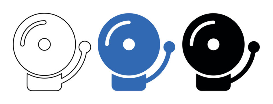 Three simple school bell icons in outline, blue solid, and black solid styles are displayed on a clean white background