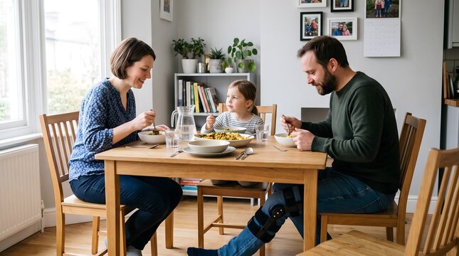 A family of three enjoys a healthy dinner together at home while the father recovers from a leg injury with a medical knee brace.