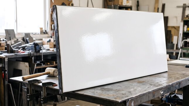 A large blank white enamel panel stands on a metal workbench in an industrial signmaking workshop.