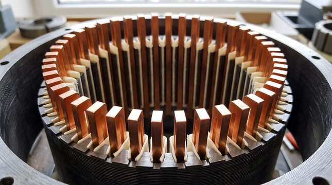 Close-up of rectangular copper hairpin conductors arranged in a circular stator core of an electric traction motor.