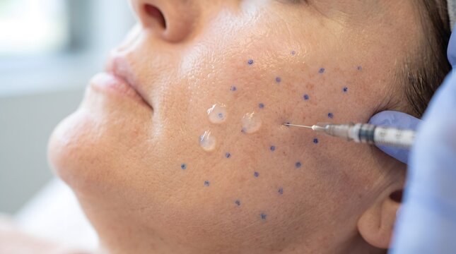 Close-up of a bio-regenerative skin booster injection being performed on a patient's cheek.