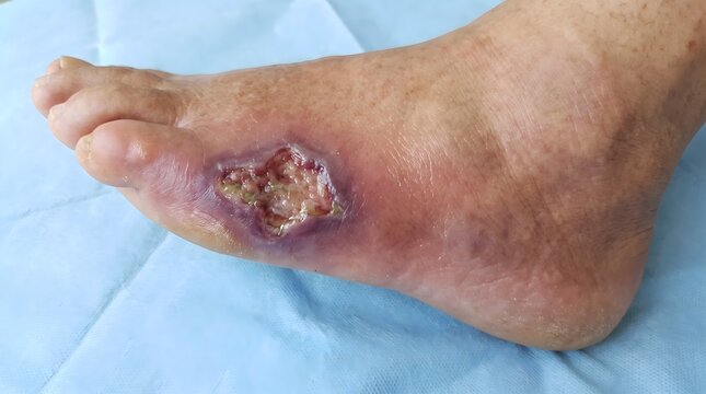 A close-up view of a severe skin lesion on a human foot showing an ulcerated area surrounded by purple swelling.