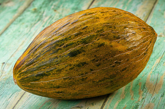 Ripe piel de sapo melon on weathered green wood surface