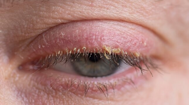 Macro photography of an adult upper eyelid showing anterior blepharitis with scales and crusting on eyelashes.