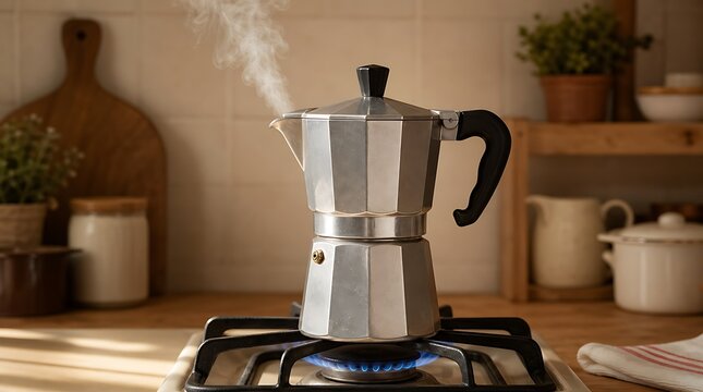Classic silver moka pot steaming on gas stove top in cozy kitchen for espresso brewing and morning coffee concept