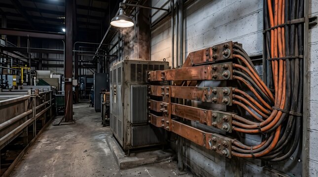 Industrial rectifier and heavy copper busbars supplying power to an electroplating line in a factory.