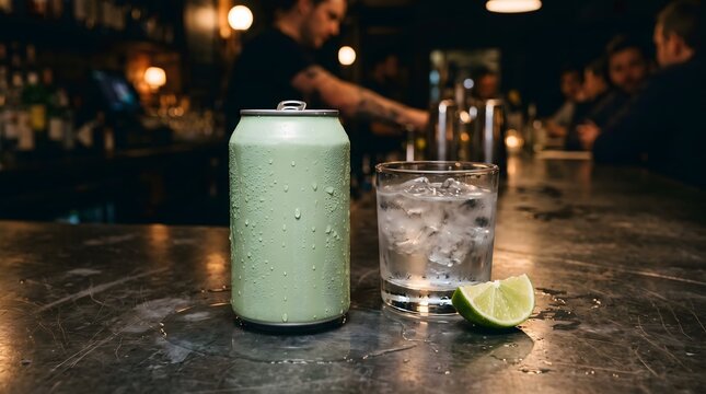 Unbranded matte green prebiotic soda can with condensation on a wet bar counter next to a glass with ice.