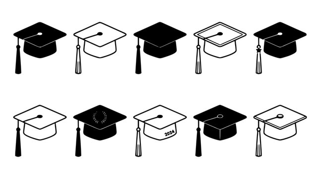 Graduation Caps Set, Vector Illustration of Academic Headwear, Graduation Ceremony Icon Design