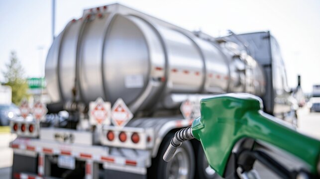 Close-up of a green fuel pump nozzle in the foreground with a large silver tanker truck visible in the background at a gas station