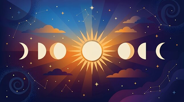 Sun And Moon Phases VectorCelestial Abstract Sky Background sun moon sunset celestial sky phase astronomyvector abstract background solar lunar cosmos space night day morning evening