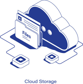 Isometric cloud storage vector illustration. Large digital cloud connected to an open file folder containing documents and network nodes. Clean IT data archiving and hosting layout