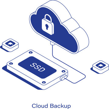 Isometric cloud backup vector illustration. A secure cloud with a padlock connected to an SSD drive, surrounded by digital nodes. Clean IT secure storage and data archiving technology layout
