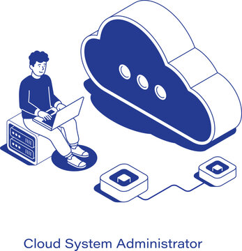 Isometric cloud system administrator vector illustration. A man sits on a server using a laptop next to a large digital cloud and connected network nodes. Clean IT technology layout