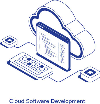Isometric cloud software development vector illustration. A coding window and keyboard floating in front of a digital cloud, connected to network nodes. Clean IT technology layout