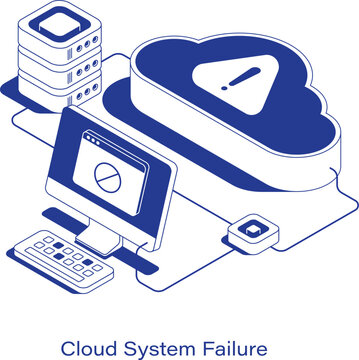 Isometric illustration of a cloud system failure. Features a computer showing an error screen, a server stack, and a cloud displaying a warning triangle. Clean IT network issue concept layout