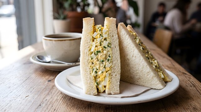 Japanese egg salad tamago sando sandwich served on a plate in a kissaten coffee house.
