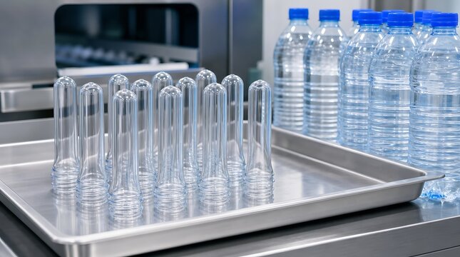 Raw unexpanded clear pet plastic preforms arranged on metal tray next to filled water bottles for industrial manufacturing concept
