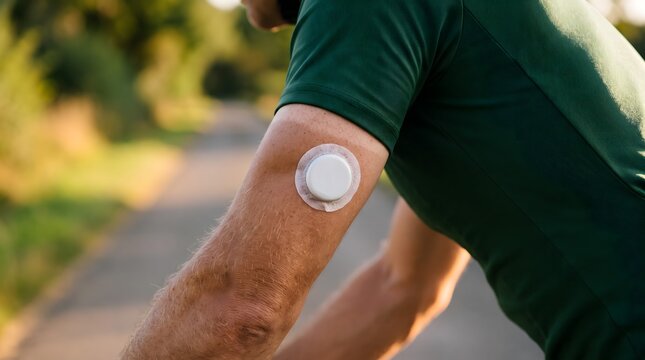 Cyclist wearing a white round biosensor patch on their upper arm while riding outdoors in sunlight.