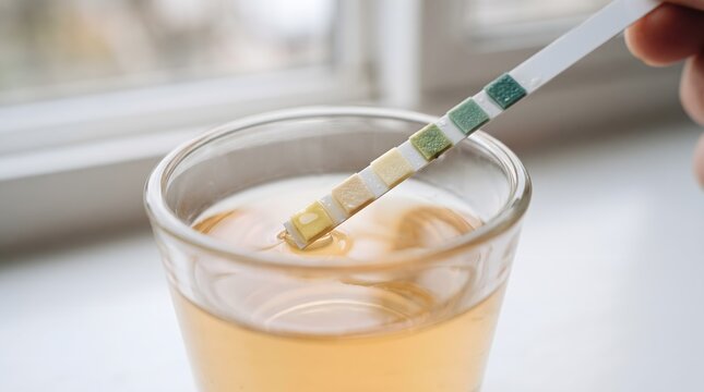 A reagent test strip being dipped into a liquid sample for home diagnostic health screening.