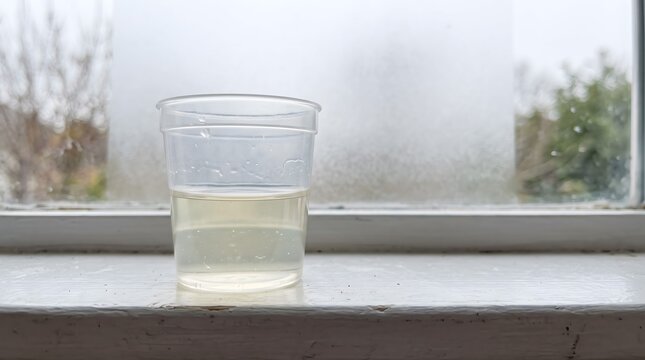 Clear plastic collection cup containing a urine sample on a white windowsill for a home medical diagnostic test.