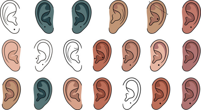 Human Ear Piercing Locations and Anatomy Vector Icon Set Featuring Diverse Skin Tones Minimalist Line Art and Cartilage Piercing Placement Positions