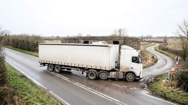 White articulated lorry turning back on a narrow rural road near a low bridge and diversion route.