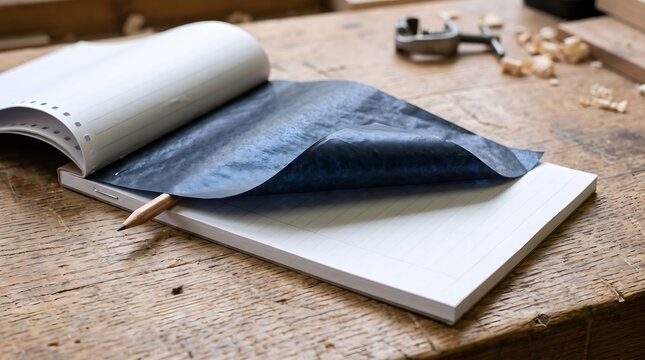 Duplicate docket pad with blue carbon paper interleaf resting on a rustic wooden workbench.