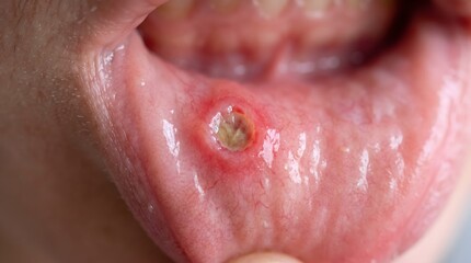 Fototapeta premium A close-up clinical photograph of a minor aphthous ulcer on the inner lower lip mucosa.