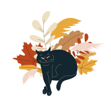 Cozy autumn illustration of black cat relaxing among warm fall leaves and botanical foliage on white background