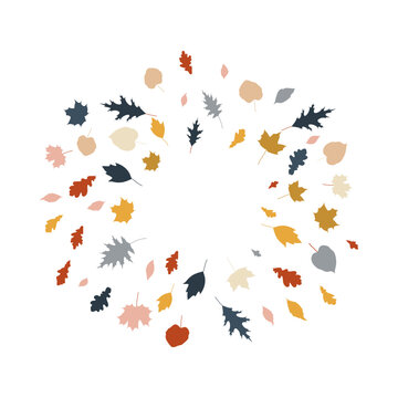 Circular frame of colorful falling autumn leaves with copy space on white background. Modern aesthetic botanical border for seasonal designs and templates