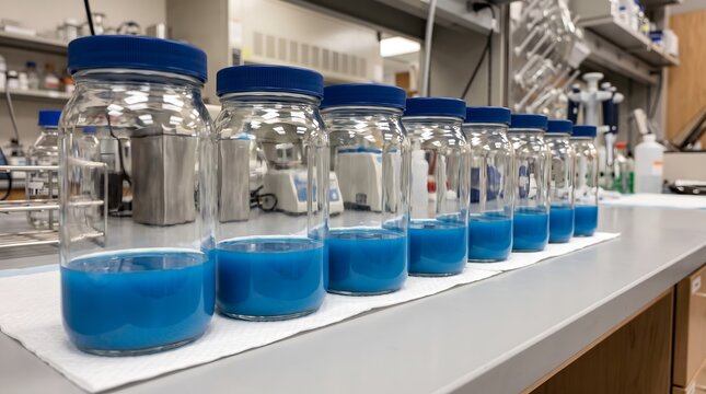 Row of glass jars filled with blue horseshoe crab blood for LAL testing in a biotechnology laboratory.