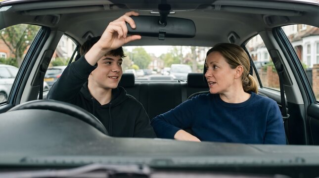 Teenage boy adjusting the rear-view mirror while his mother gives driving instructions in a car.