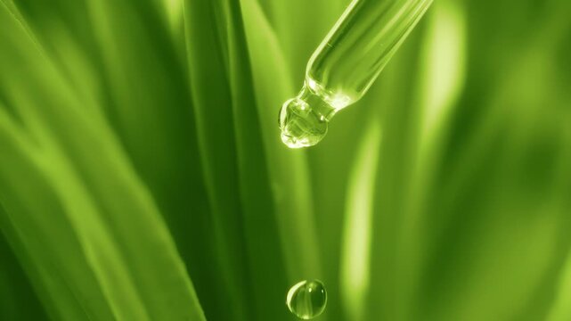 Macro shot of a clear plant extract or tea tree oil droplet falling from a glass pipette with a bokeh green leaf background in slow motion