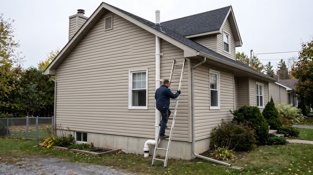Contractor inspecting an exterior radon mitigation riser pipe on a suburban house.
