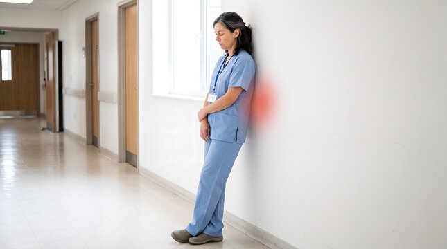 A middle aged female nurse leaning against a hospital corridor wall with a red graphic visualization of back pain.