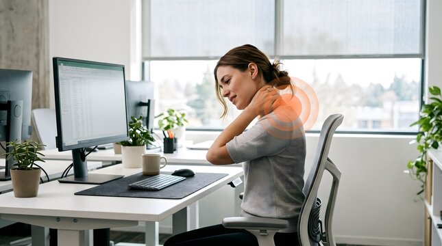 An office worker suffers from neck pain while sitting at a computer desk with an orange medical graphic visualization.