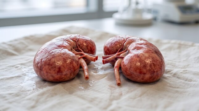 A pair of human kidneys prepared for transplant lying on a sterile cloth in a clinical laboratory.