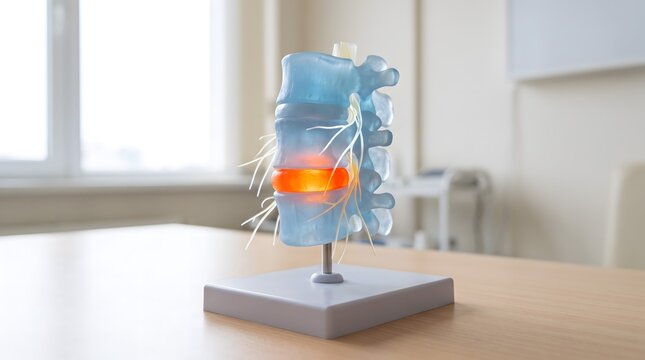 Medical model of a human lumbar spine featuring a glowing orange intervertebral disc representing inflammation or injury.