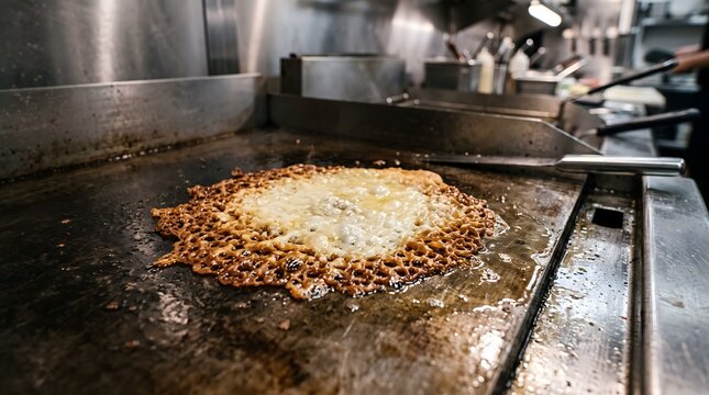 Cheese frying into a thin lace crisp on a professional flat top griddle in a commercial kitchen.